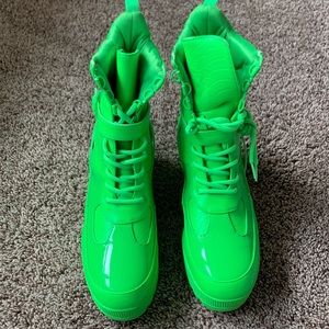 neon green paten leather n snake print boots